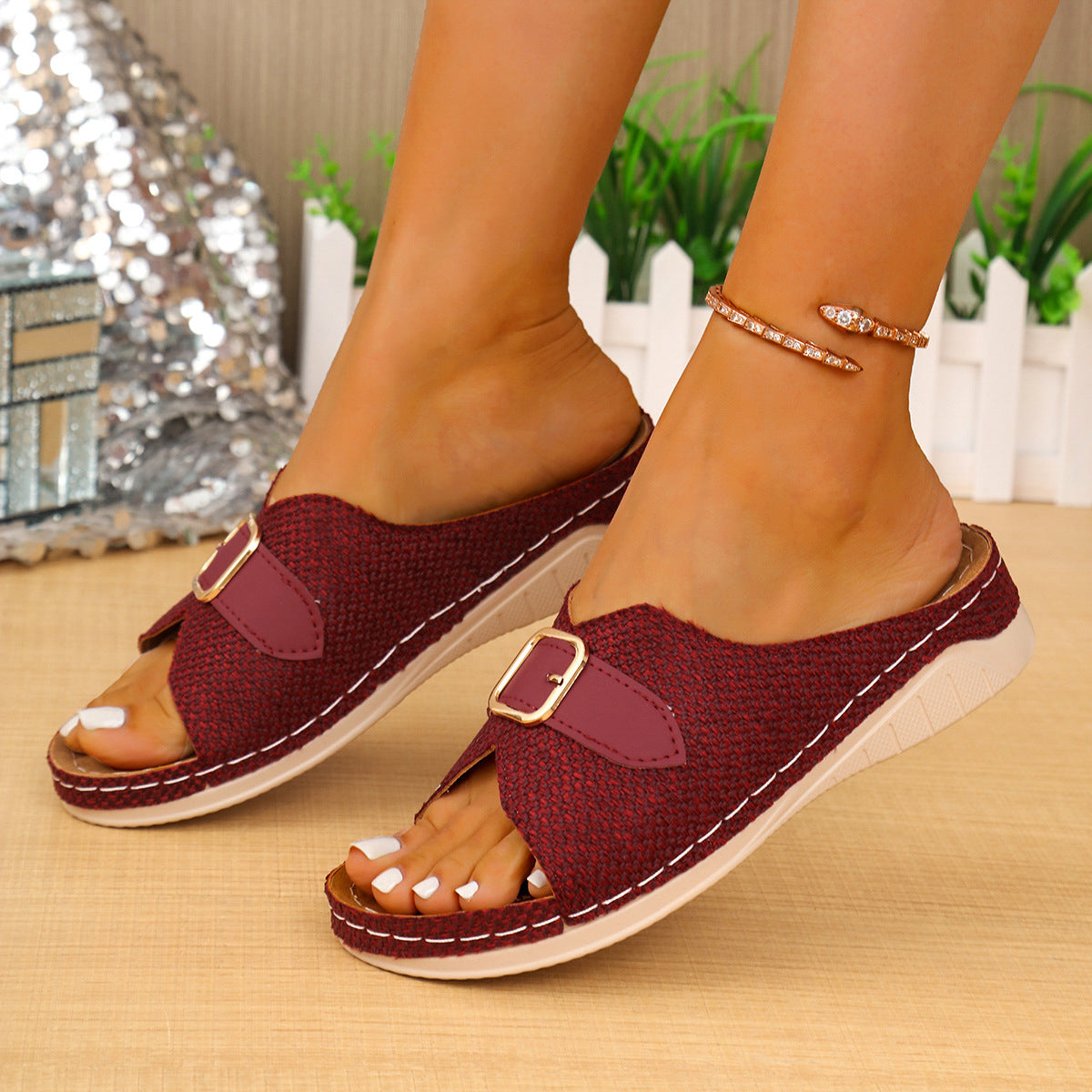 Buckle Peep-Toe Wedge Sandals