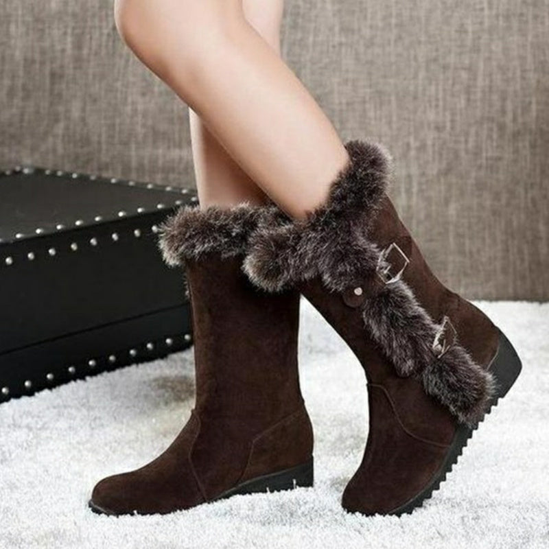 Brown Slip-On Fur Mid-Calf Boots