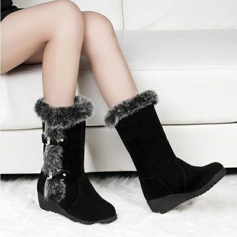 Brown Slip-On Fur Mid-Calf Boots