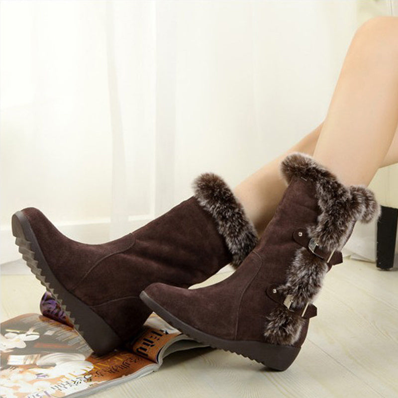 Brown Slip-On Fur Mid-Calf Boots