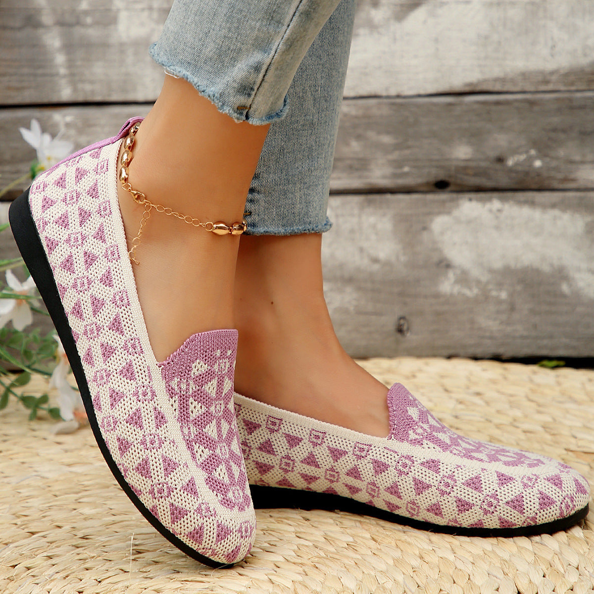 Printed Round Toe Knit Loafers