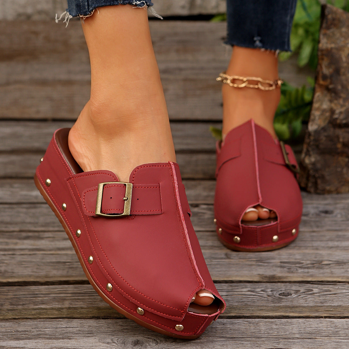 Rivet Buckle Wedge Sandals