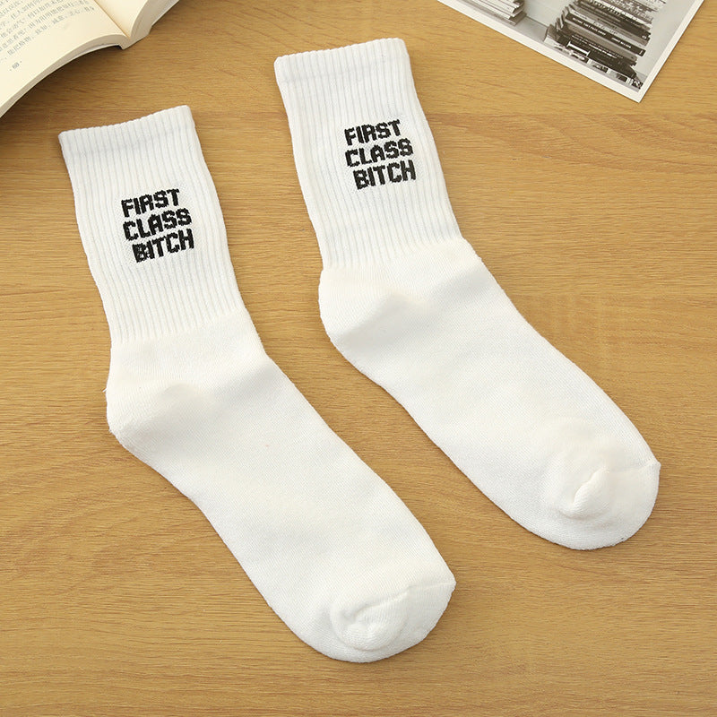 English Letter White Calf Socks