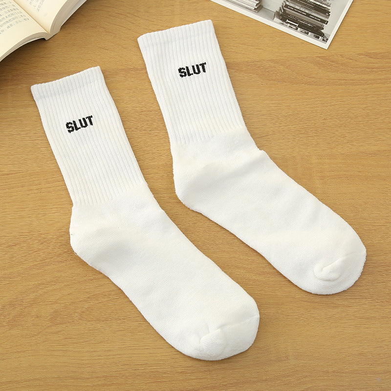 English Letter White Calf Socks