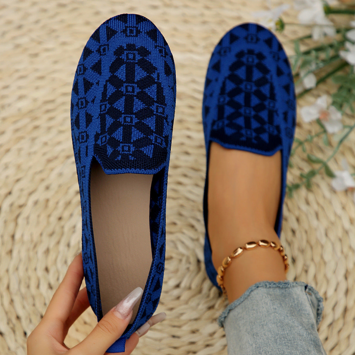 Printed Round Toe Knit Loafers