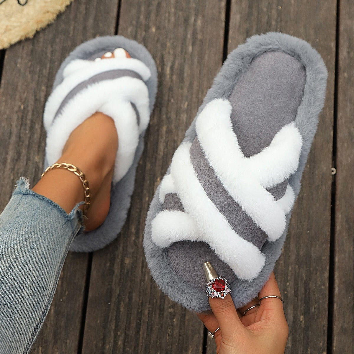 Cross Strap Fluffy Platform Slippers