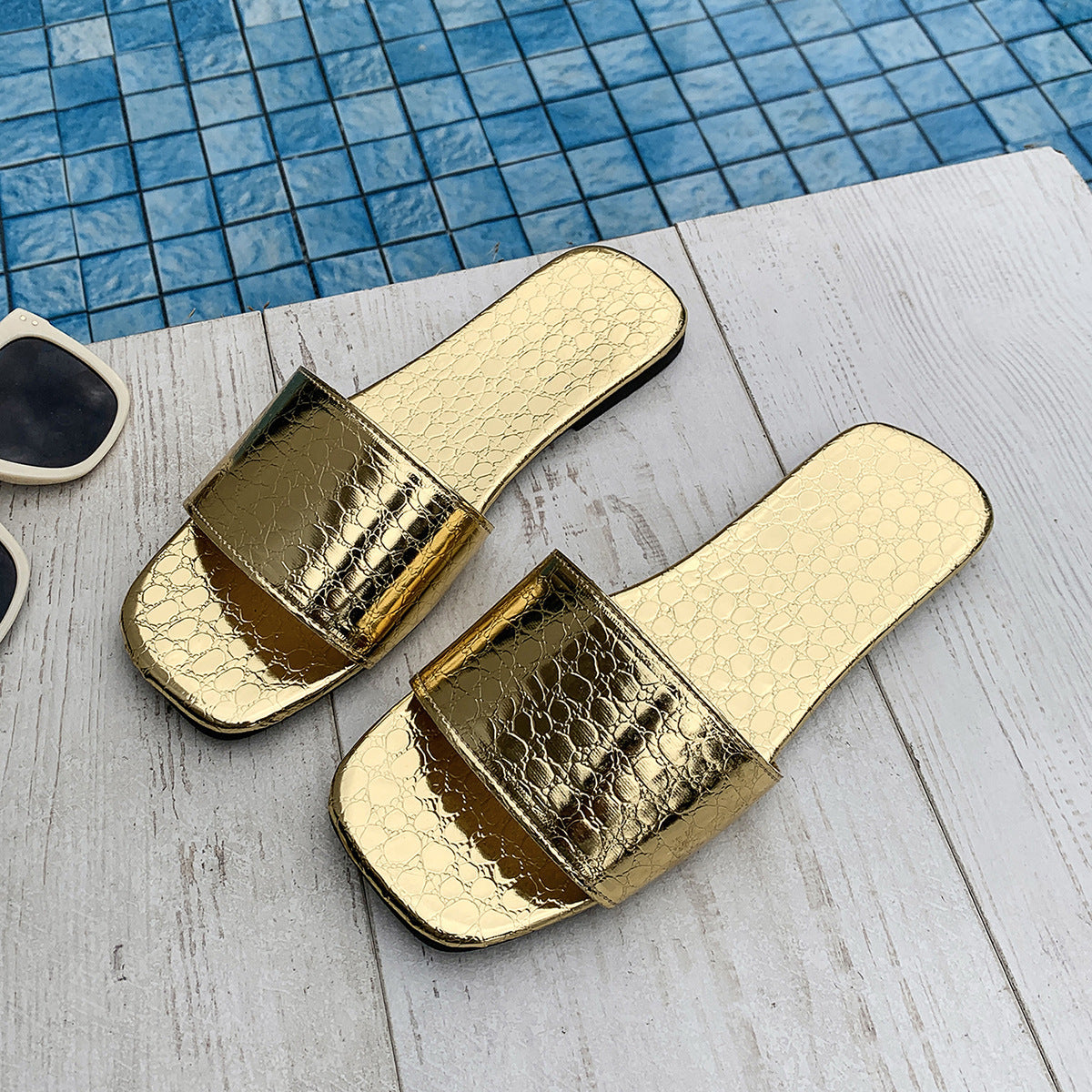 Crocodile-Textured Square Toe Slides