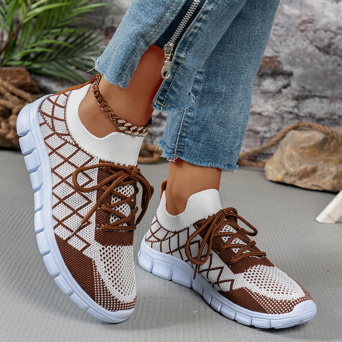 Colorblock Plaid Flyknit Sneakers