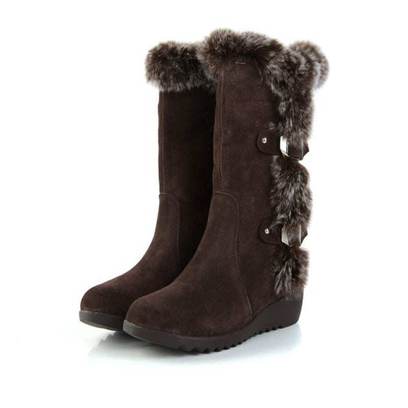 Brown Slip-On Fur Mid-Calf Boots