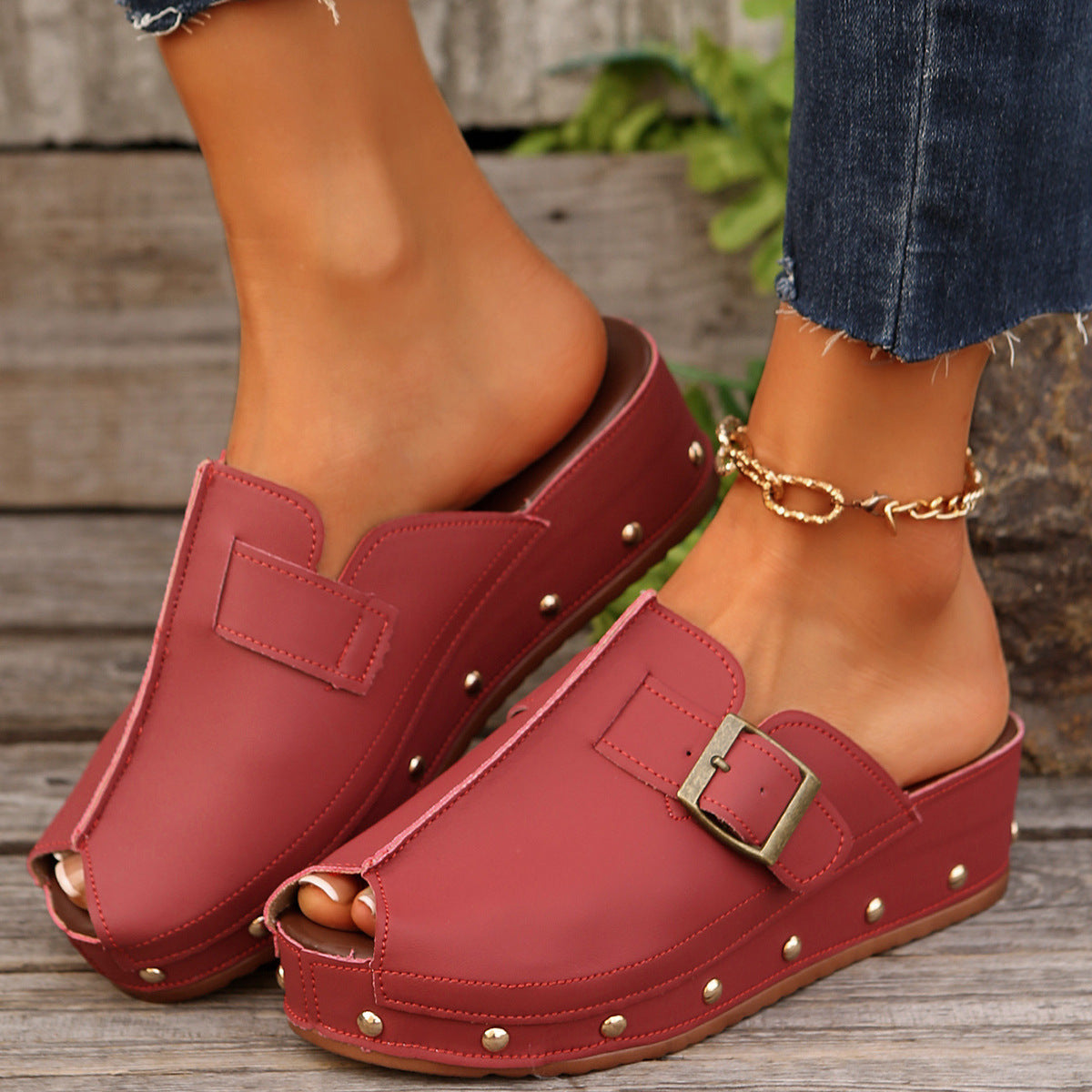 Rivet Buckle Wedge Sandals