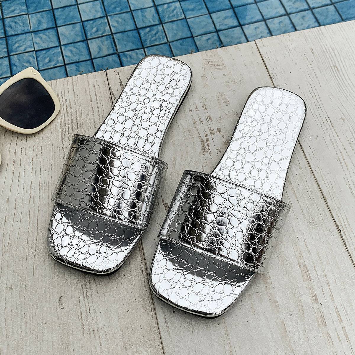 Crocodile-Textured Square Toe Slides