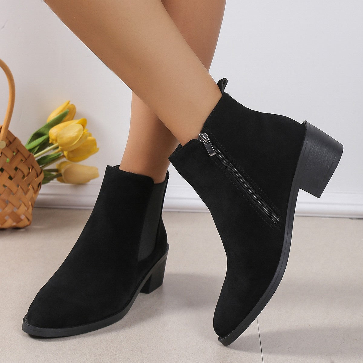 Chunky Heel Side Zipper Boots