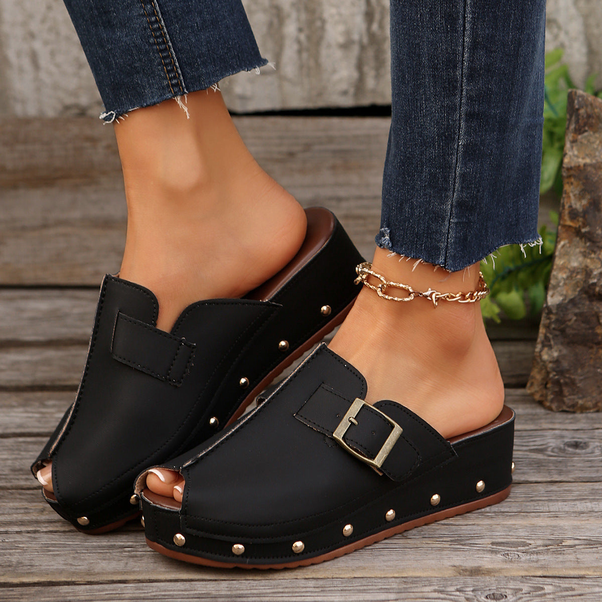 Rivet Buckle Wedge Sandals