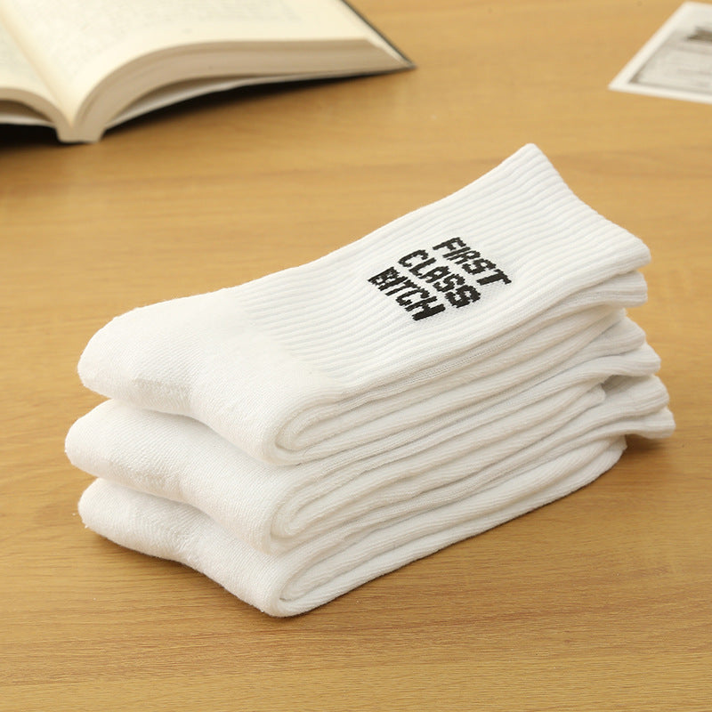English Letter White Calf Socks