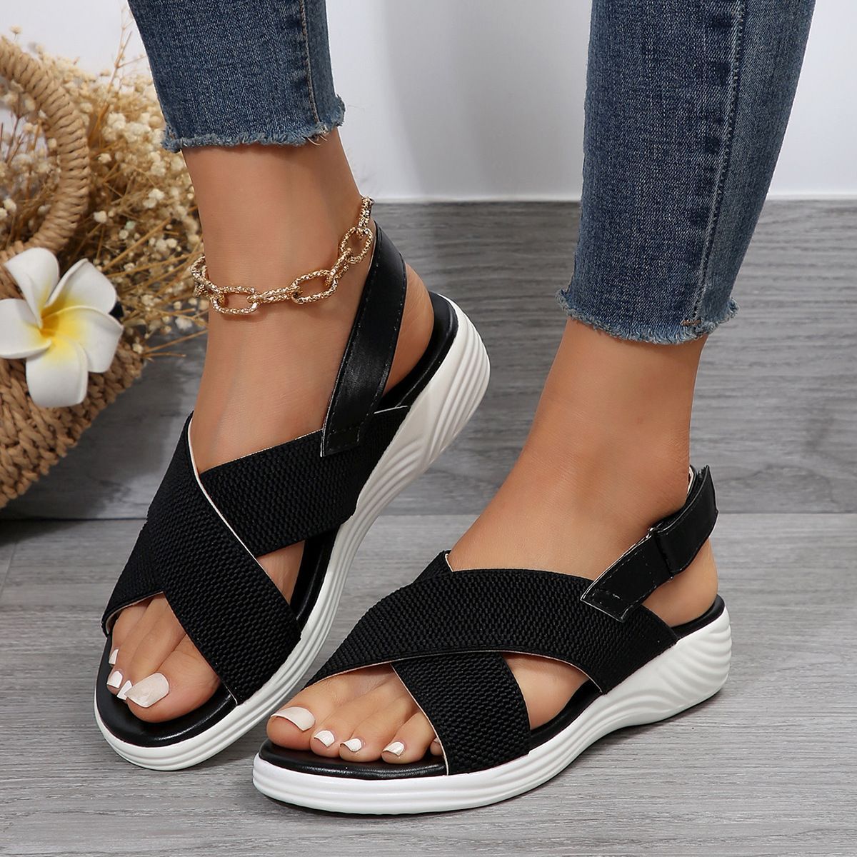 Peep Toe Mesh Wedge Sandals