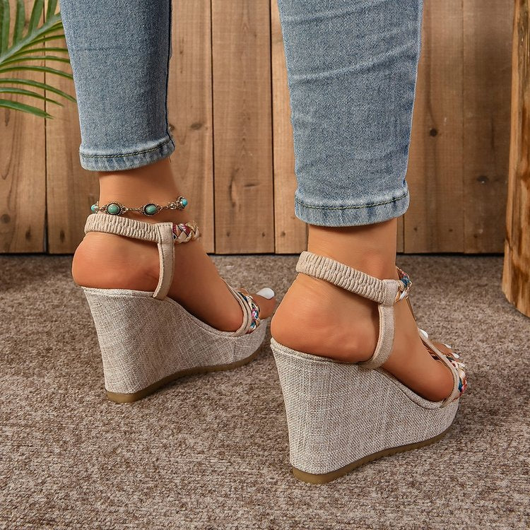 Rhinestone Hemp Rope Wedge Sandals