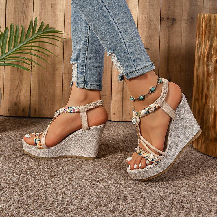 Rhinestone Hemp Rope Wedge Sandals