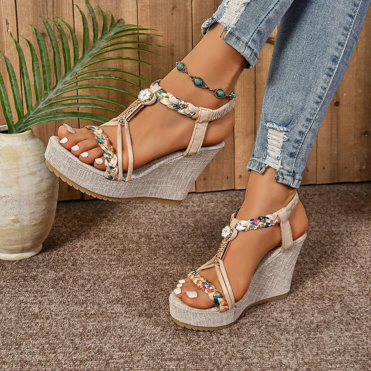Rhinestone Hemp Rope Wedge Sandals