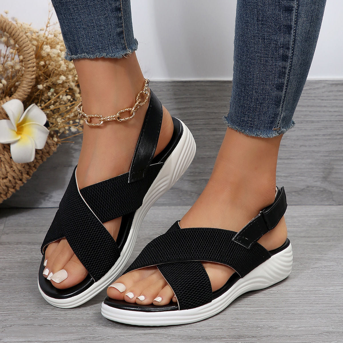 Peep Toe Mesh Wedge Sandals