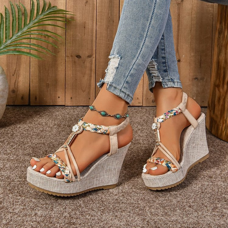 Rhinestone Hemp Rope Wedge Sandals