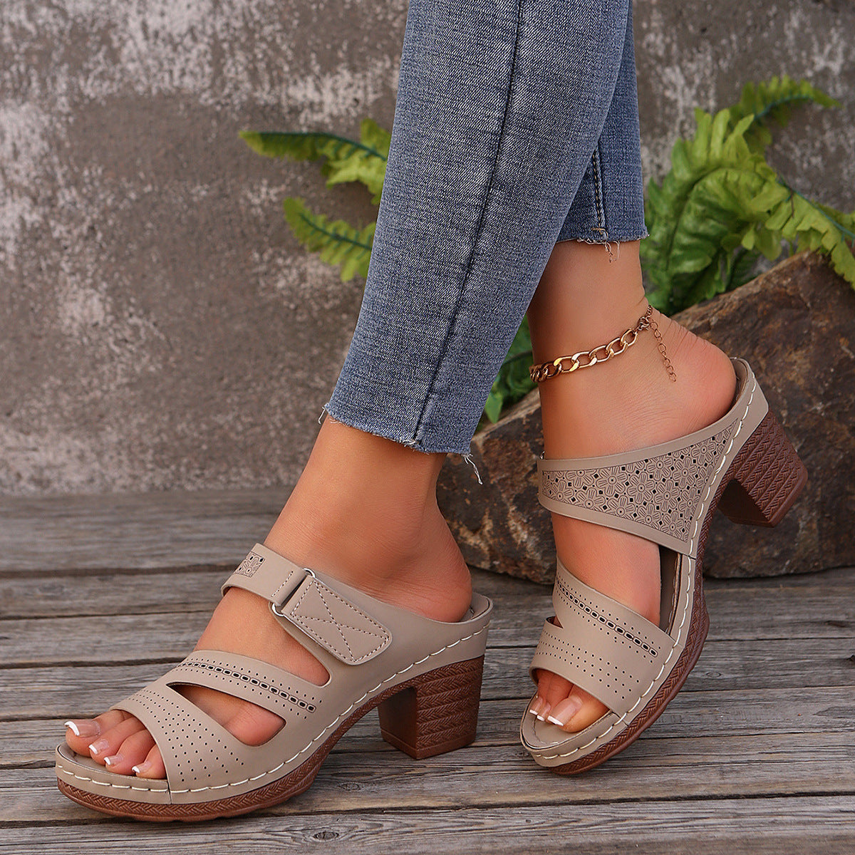 Square-Heel Peep-Toe Slides
