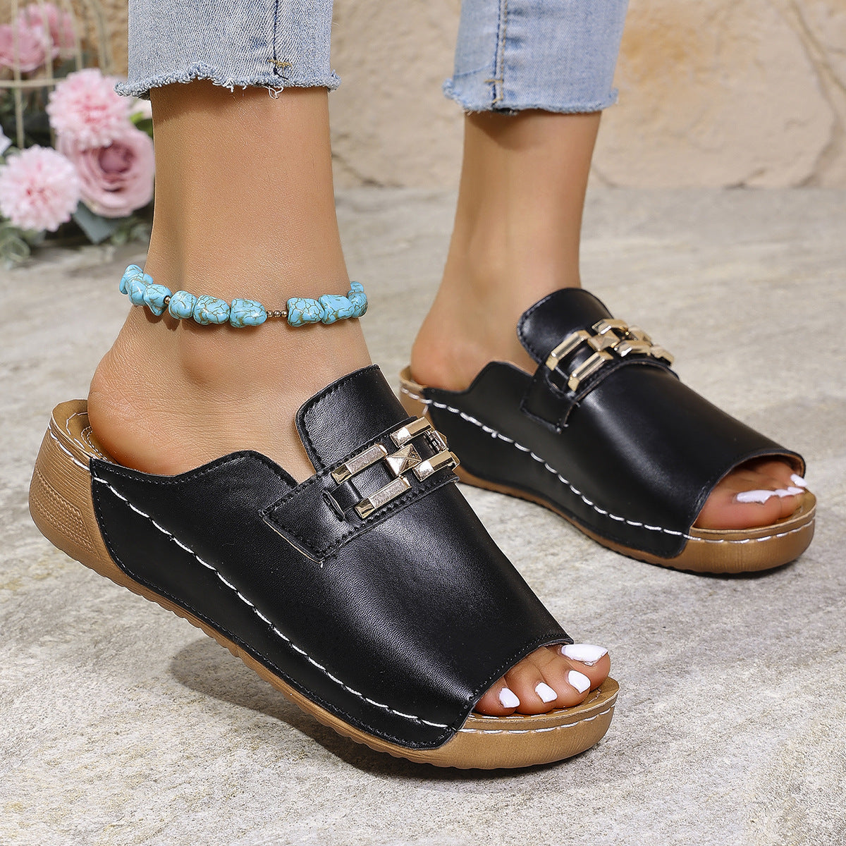 Peep Toe Metal Slippers