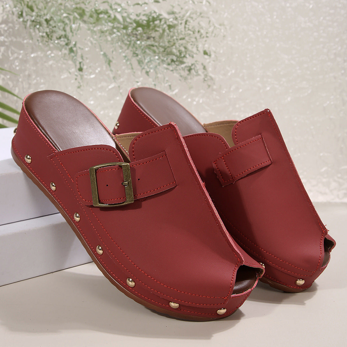 Rivet Buckle Wedge Sandals
