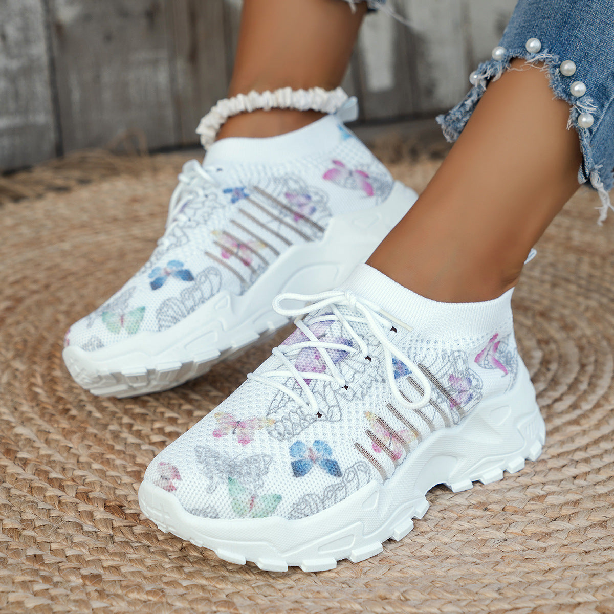 Butterfly Print Mesh Sneakers