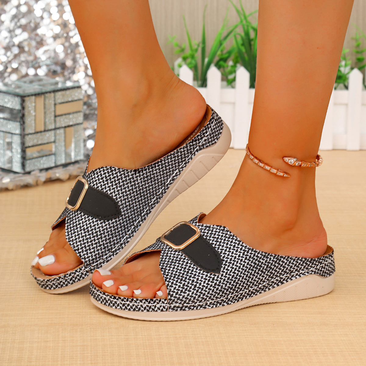 Buckle Peep-Toe Wedge Sandals