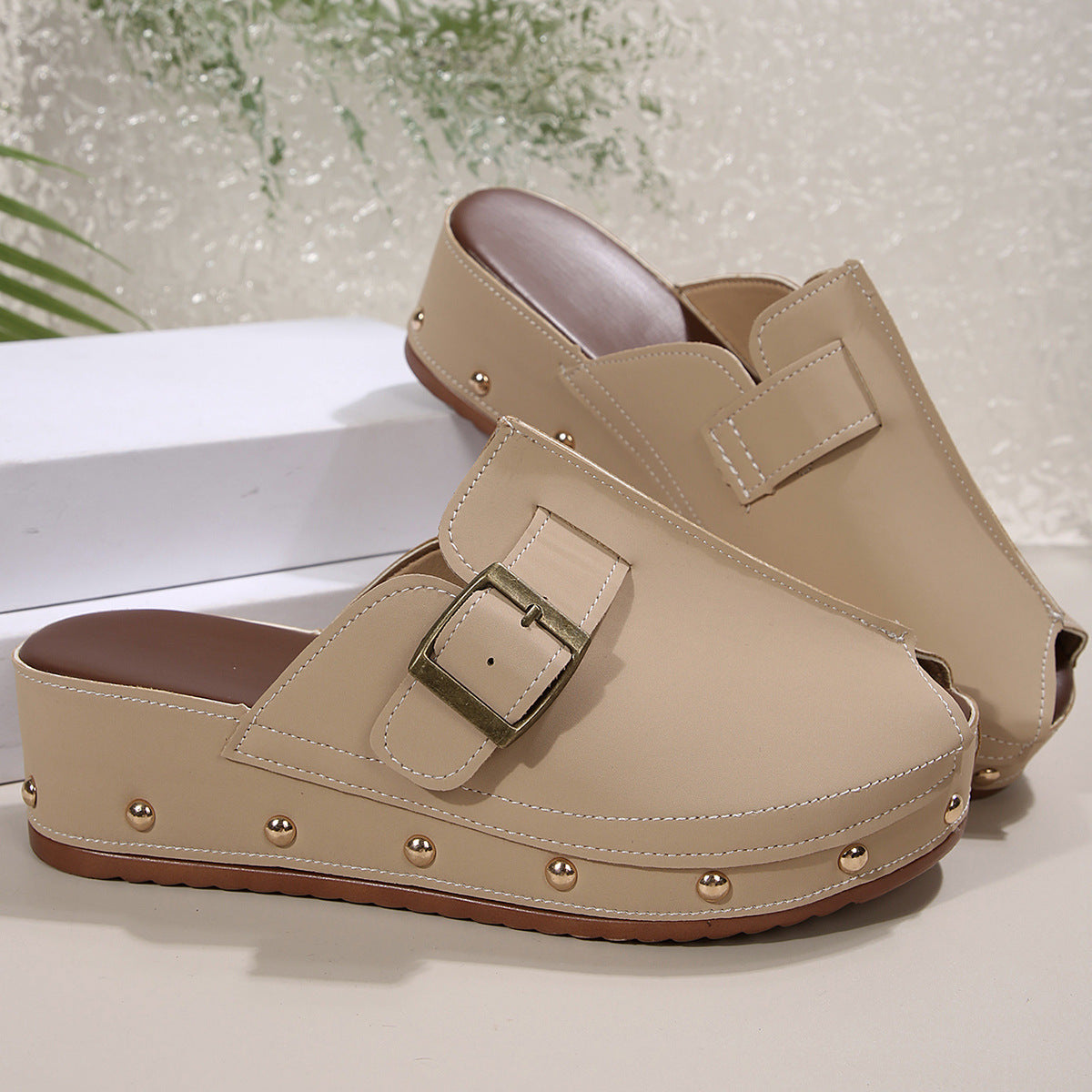 Rivet Buckle Wedge Sandals