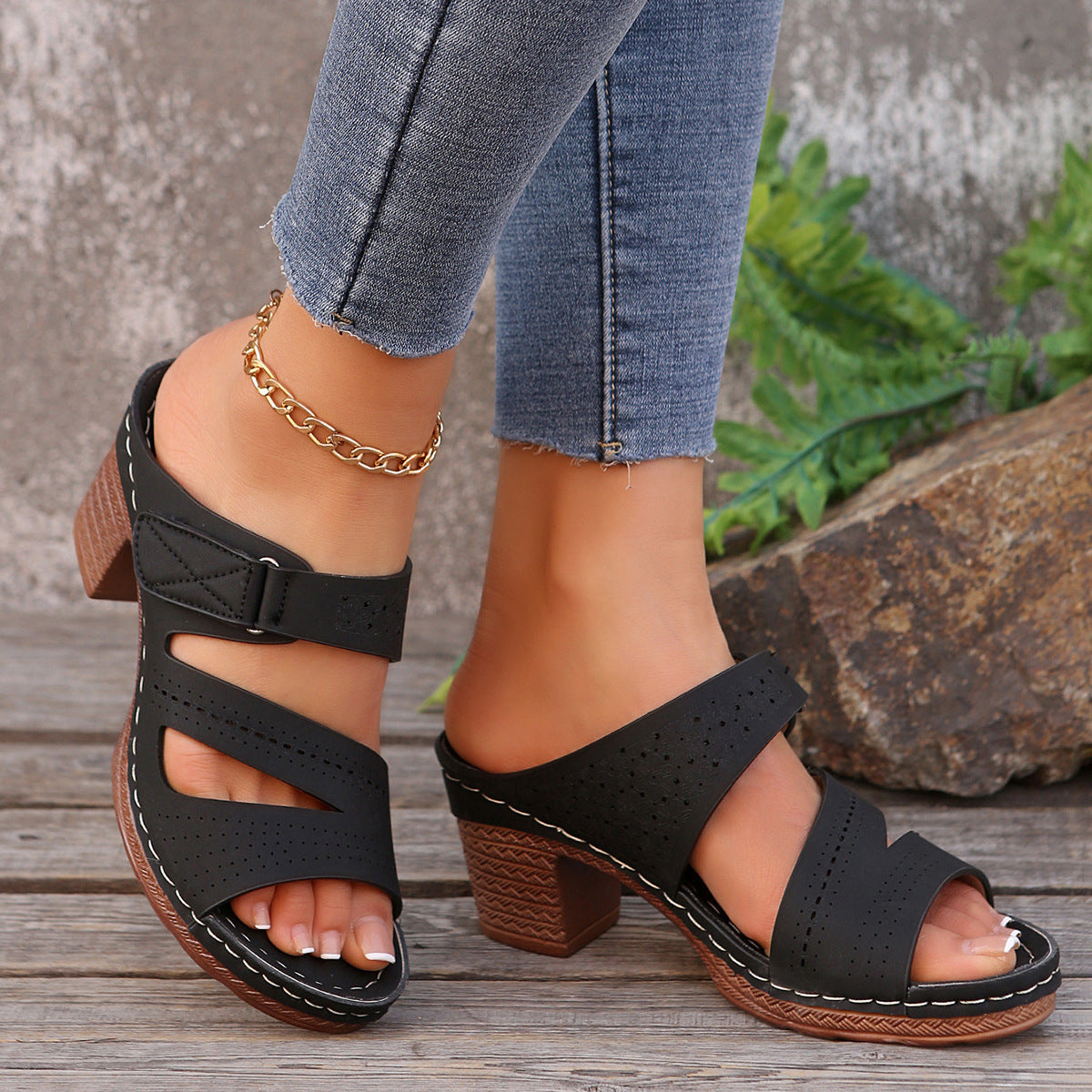 Square-Heel Peep-Toe Slides