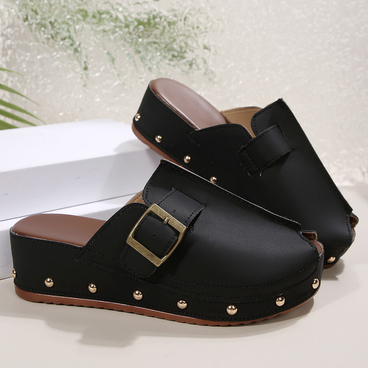 Rivet Buckle Wedge Sandals