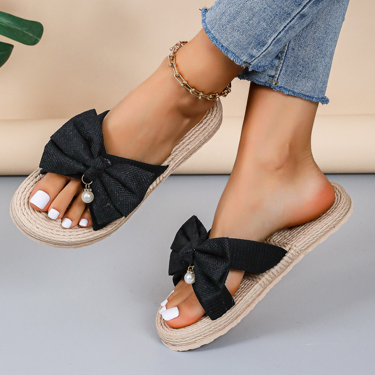 Rope Bottom Bowknot Slippers
