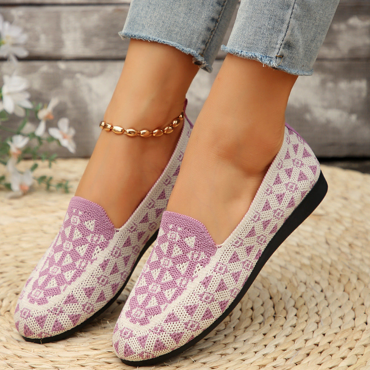 Printed Round Toe Knit Loafers