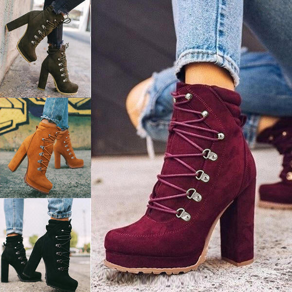 Lace-Up Mid-Calf Heeled Boots