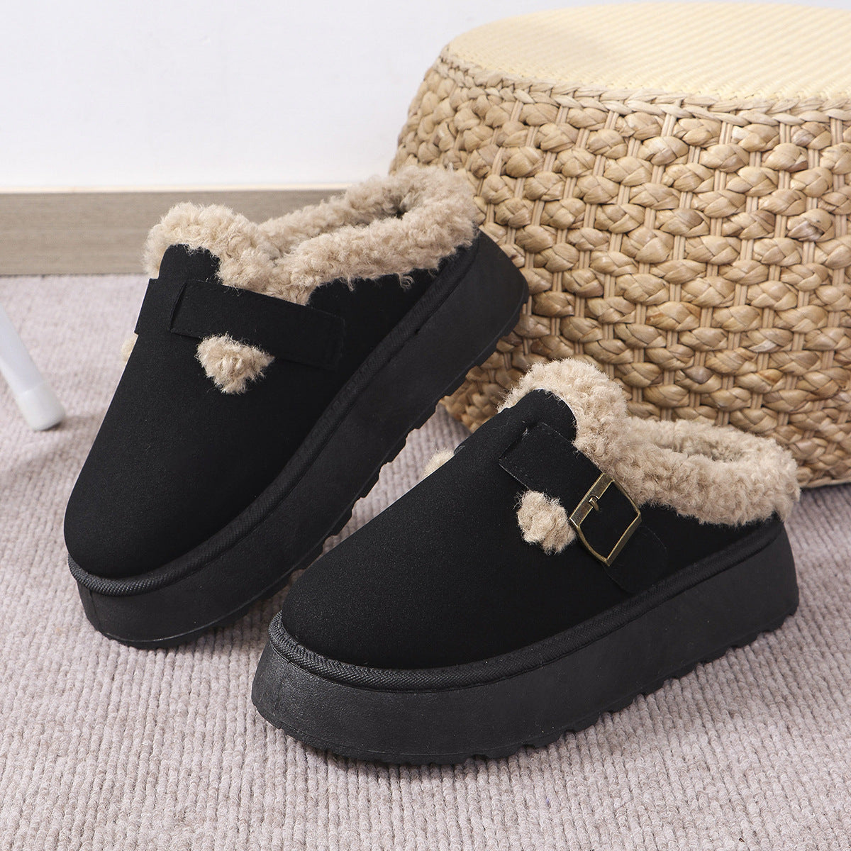 Plush Buckle Cotton Slippers