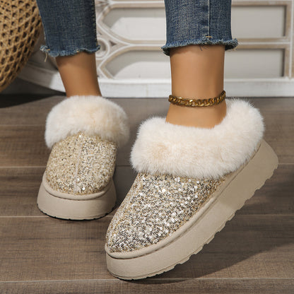 Sequined Thick-Soled Plush Slippers