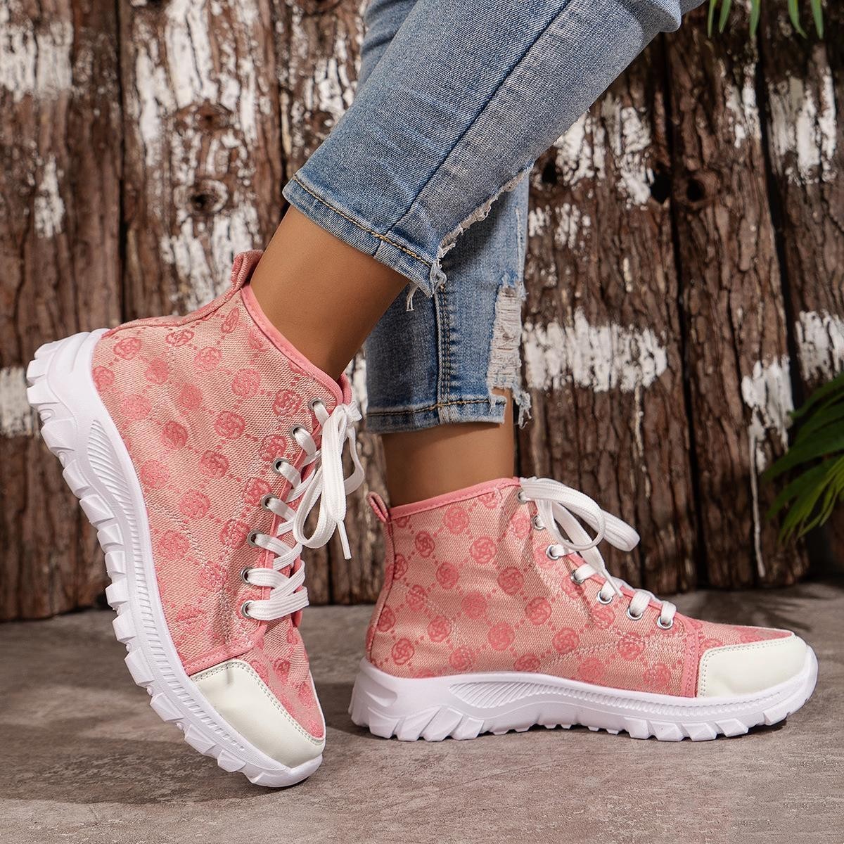 Rose-Printed Lace-Up Boots