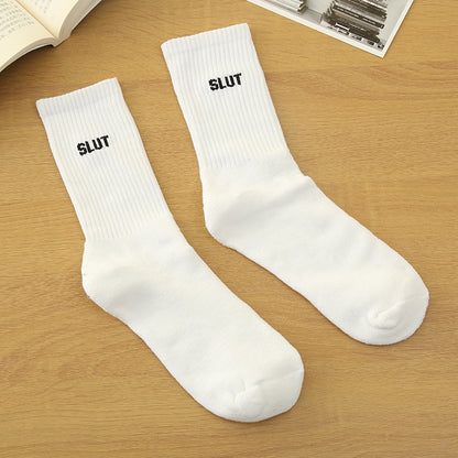 English Letter White Calf Socks