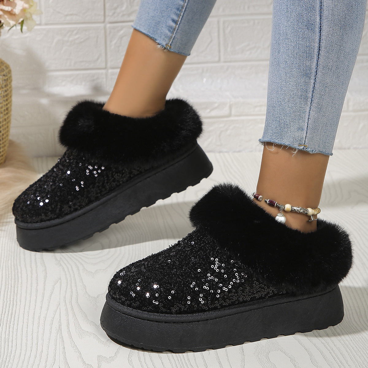 Sequined Thick-Soled Plush Slippers