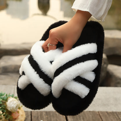 Cross Strap Fluffy Platform Slippers