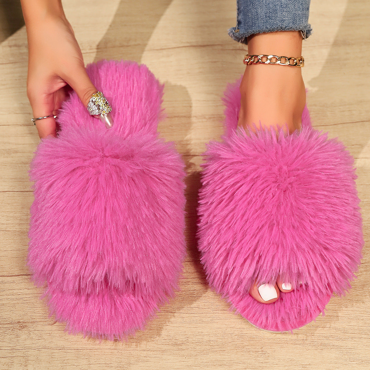 Open-Toed Fluffy Slippers