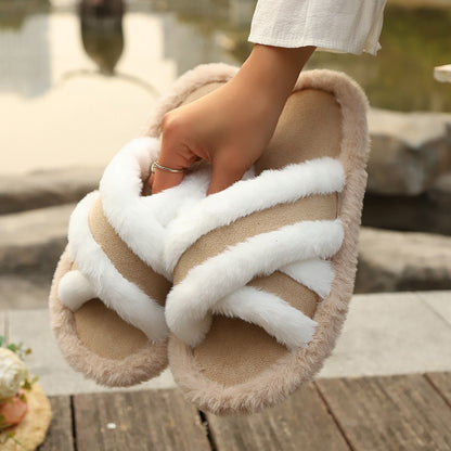 Cross Strap Fluffy Platform Slippers