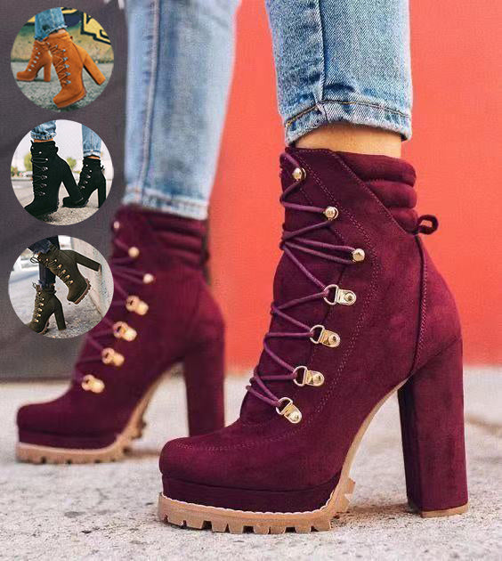 Lace-Up Mid-Calf Heeled Boots