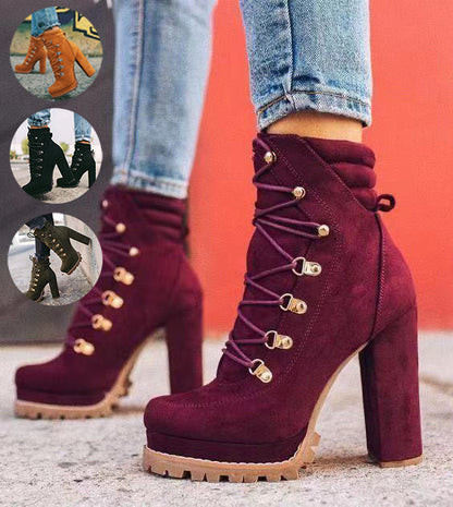 Lace-Up Mid-Calf Heeled Boots