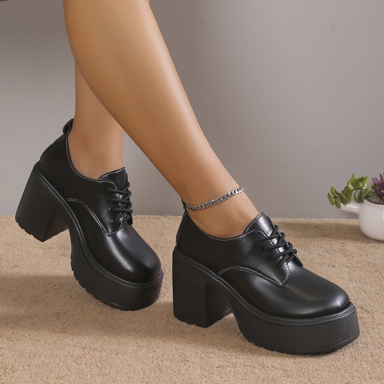 Chunky Heel Lace-up Leather Shoes