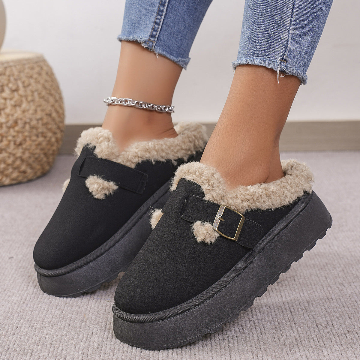 Plush Buckle Cotton Slippers