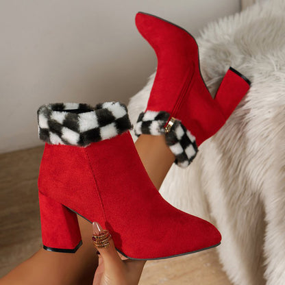 Plaid Print Plush Ankle Boots