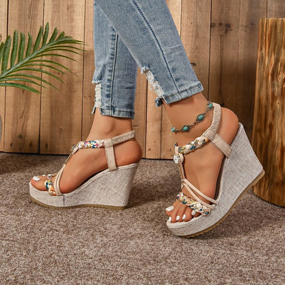 Rhinestone Hemp Rope Wedge Sandals