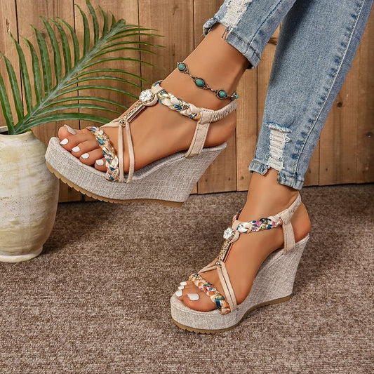 Rhinestone Hemp Rope Wedge Sandals